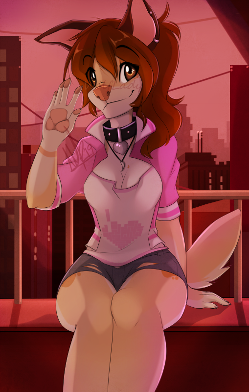 2019 5_fingers anthro breasts brown_eyes brown_hair canid canine canis clothed clothing collar domestic_dog female fingers hair looking_at_viewer mammal sitting smile solo wolflady