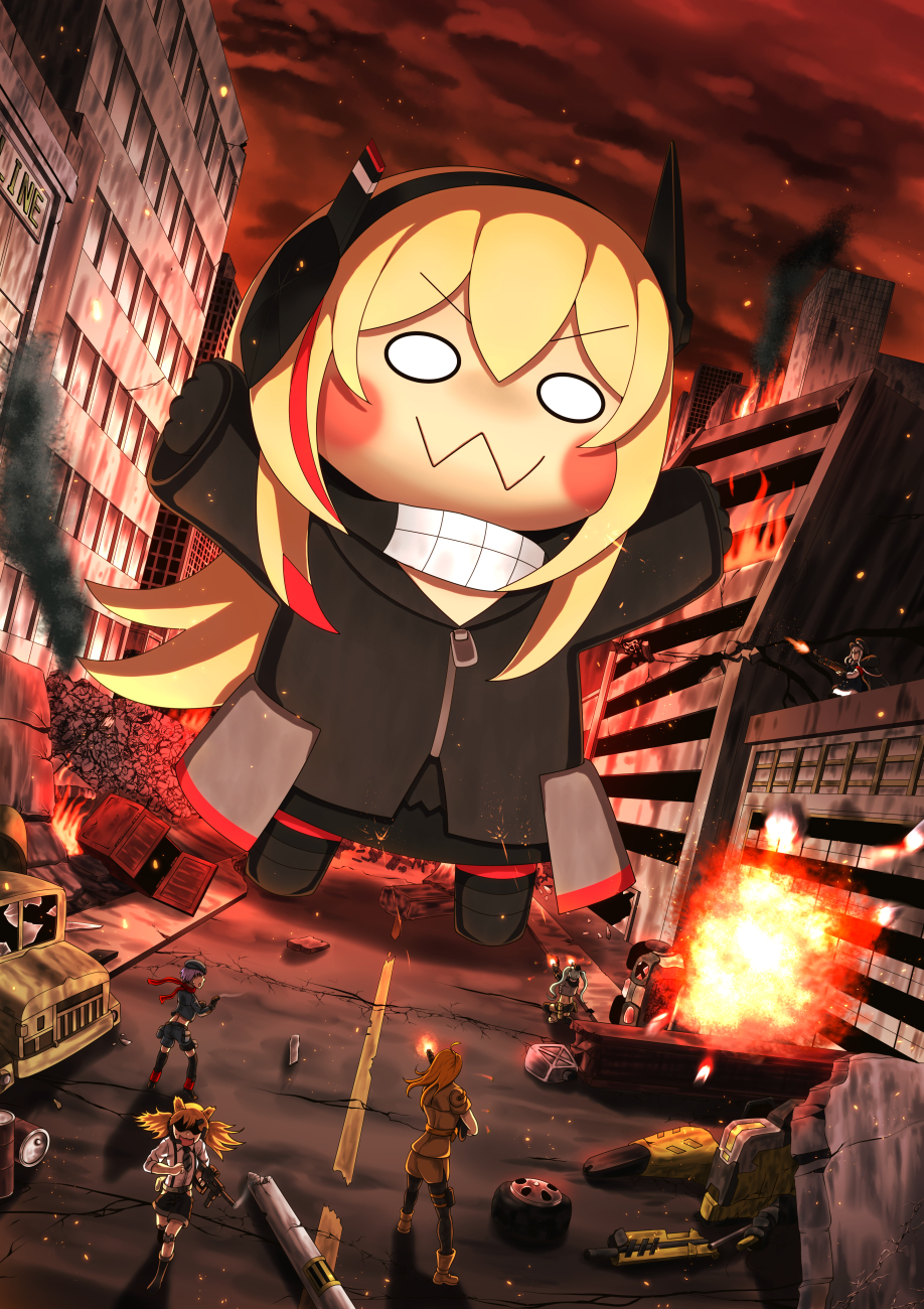 6+girls black_jacket blank_eyes blonde_hair blush_stickers building chibi city commentary_request fire firing galil_(girls_frontline) giantess girls_frontline gun headgear highres holding holding_gun holding_weapon idw_(girls_frontline) jacket long_hair long_sleeves m4_sopmod_ii_(girls_frontline) m4_sopmod_ii_jr micro_uzi_(girls_frontline) multiple_girls ouga_(user_ctzw2237) outdoors running solo_focus standing weapon