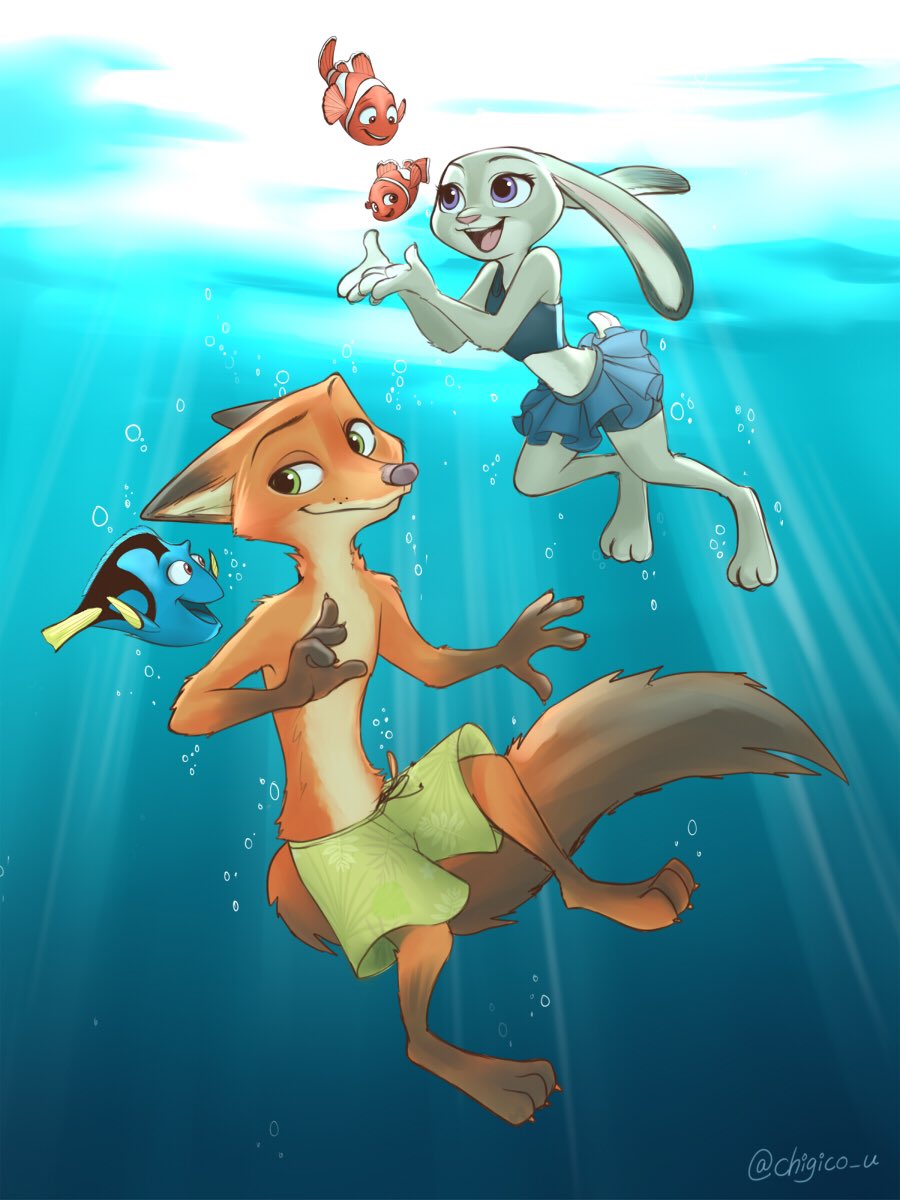 2016 3_toes 4_fingers acanthurid anthro biped bottomwear canid canine chigico_u claws clothed clothing clownfish crossover disney dory_(finding_nemo) duo female finding_nemo fingers fish fox fur gloves_(marking) green_eyes group hi_res judy_hopps lagomorph leg_markings leporid looking_back male mammal marine markings marlin_(finding_nemo) nemo_(finding_nemo) nick_wilde paracanthurus pixar pomacentrid purple_eyes rabbit shorts smile socks_(marking) swimwear teeth toe_claws toes topless underwater water zootopia