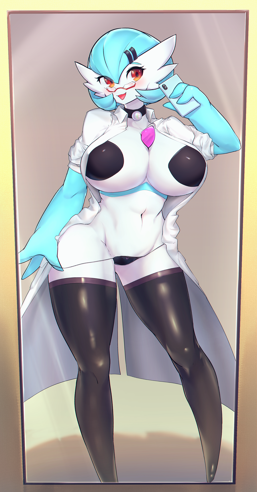 2019 3_fingers alternate_version_at_source big_breasts blue_hair blush breasts clothing coat curvaceous curvy_figure dr._voir eyewear female fingers gardevoir glasses hair hi_res holding_object holding_phone humanoid lab_coat legwear mirror navel nintendo not_furry open_mouth panties phone pok&eacute;mon pok&eacute;mon_(species) shiny_pok&eacute;mon simple_background solo sususuigi thigh_highs topwear underwear video_games voluptuous white_body white_skin