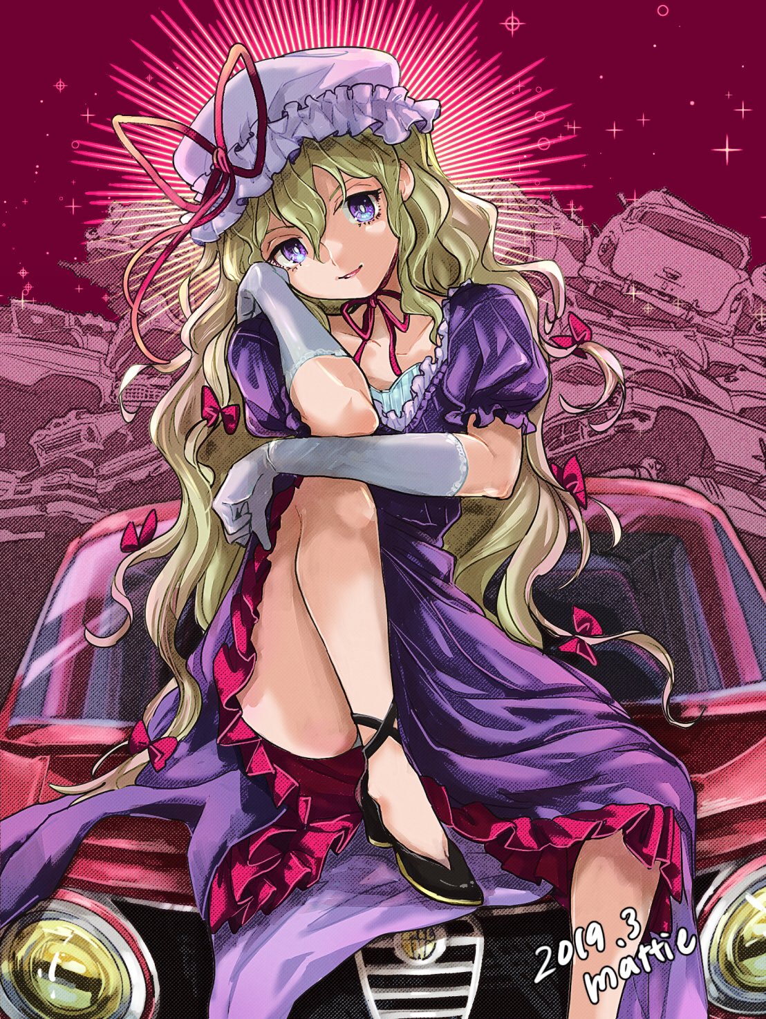 1girl artist_name black_footwear bow car chin_strap collarbone commentary_request dated dress elbow_gloves gloves ground_vehicle hair_bow hat hat_ribbon headlight highres junkyard looking_at_viewer mattie mob_cap motor_vehicle on_vehicle petticoat pointy_shoes puffy_short_sleeves puffy_sleeves purple_dress purple_eyes red_bow red_ribbon ribbon shoes short_sleeves solo touhou white_gloves yakumo_yukari
