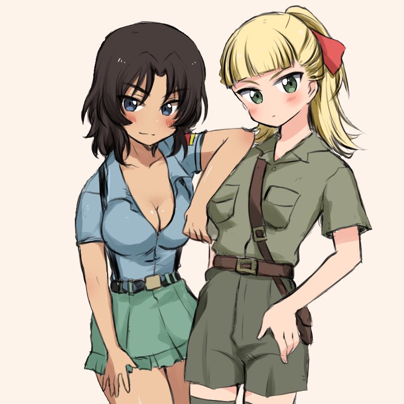 2girls aimai_(luckyfive) aoshidan_school_uniform arm_behind_back bangs beige_background belt black_belt black_hair blonde_hair blue_eyes blue_shirt blunt_bangs blush breasts brown_belt brown_shirt brown_skirt cleavage closed_mouth collared_shirt commentary dark_skin el_(girls_und_panzer) elbow_on_another's_shoulder girls_und_panzer green_eyes green_skirt hair_intakes hair_ribbon hand_on_hip head_tilt koala_forest_military_uniform large_breasts light_frown looking_at_viewer medium_hair military military_uniform miniskirt multiple_girls partially_unbuttoned pleated_skirt ponytail red_ribbon ribbon sam_browne_belt school_uniform shirt short_sleeves side-by-side simple_background skirt smile standing suspender_skirt suspenders uniform wallaby_(girls_und_panzer)