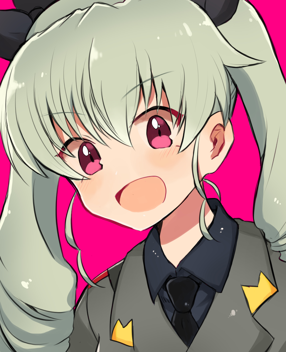 1girl aimai_(luckyfive) anchovy anzio_military_uniform bangs belt black_neckwear black_ribbon black_shirt commentary dress_shirt drill_hair english_commentary eyebrows_visible_through_hair girls_und_panzer green_hair grey_jacket hair_ribbon highres jacket long_hair long_sleeves looking_at_viewer military military_uniform necktie open_mouth pink_background pink_eyes portrait ribbon sam_browne_belt shirt simple_background smile solo twin_drills twintails uniform wing_collar