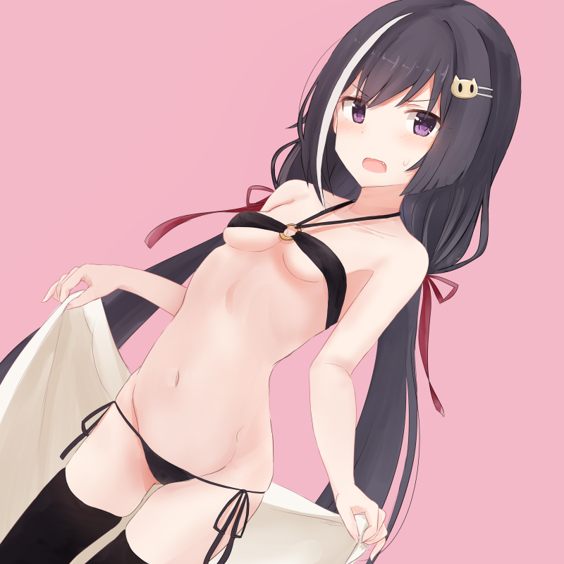 1girl bangs bare_shoulders bikini black_bikini black_hair black_legwear blush breasts cat_hair_ornament collarbone cowboy_shot dutch_angle eyebrows_visible_through_hair fang groin hair_ornament hair_ribbon hairpin halter_top halterneck holding holding_towel kyaru_(princess_connect) looking_at_viewer low_twintails lowleg lowleg_bikini multicolored_hair navel o-ring open_mouth pink_background princess_connect! princess_connect!_re:dive purple_eyes red_ribbon ribbon side-tie_bikini simple_background skindentation small_breasts solo standing streaked_hair sweatdrop swimsuit thighhighs towel twintails two-tone_hair white_hair yuki_(yukin0128)