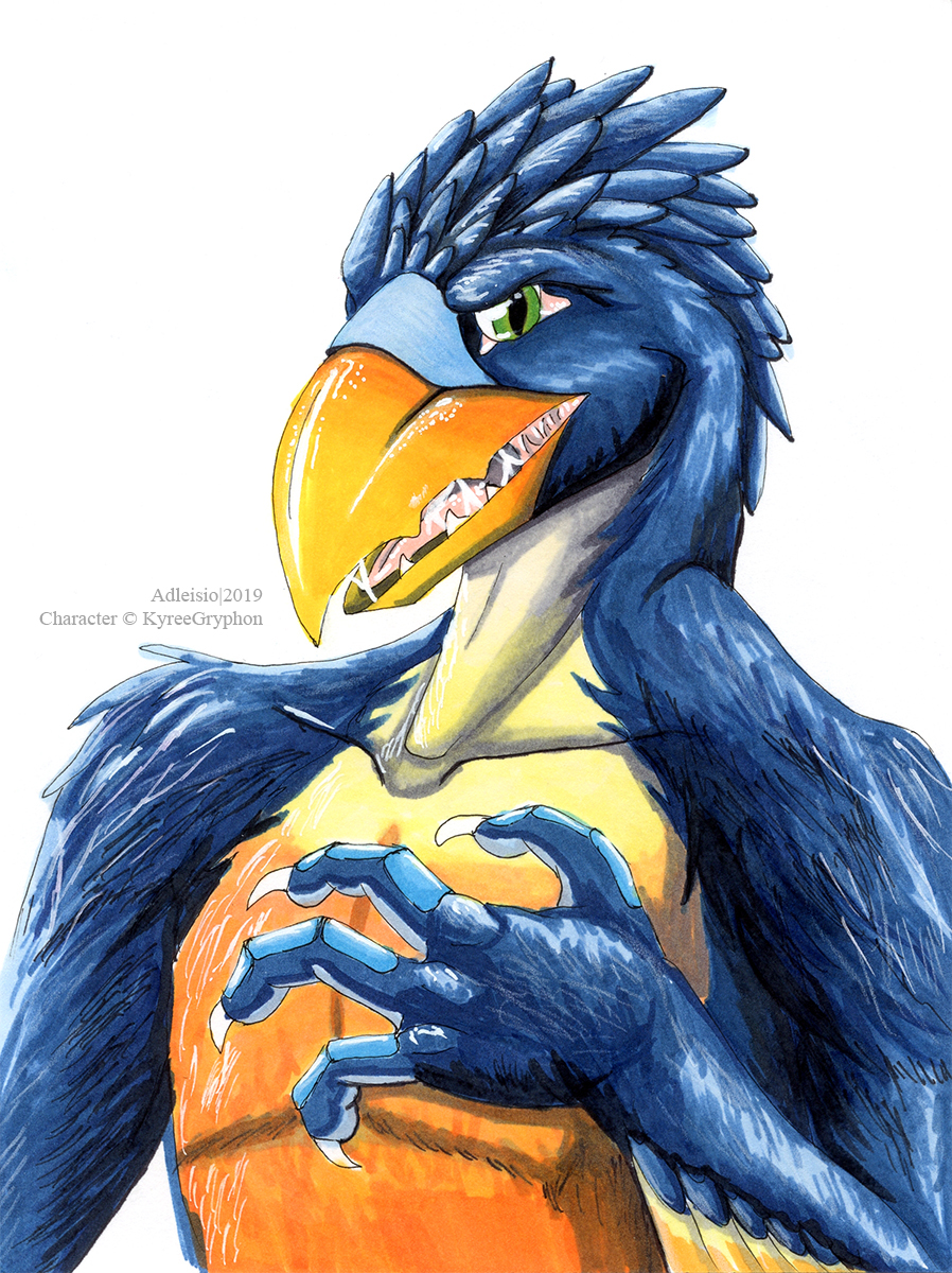 2019 4_fingers adleisio aggressive anthro avian beak bird blue_body blue_feathers bodily_fluids bust_portrait cariamiform claws dinosaur feathered_arms feathers fingers green_eyes hi_res male multicolored_body multicolored_feathers open_beak open_mouth orange_beak orange_body orange_feathers pink_tongue portrait reptile saliva saliva_string scalie simple_background snarling solo teeth terror_bird tongue watermark white_background white_body white_feathers