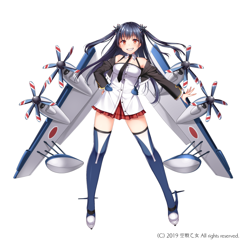 1girl bangs bare_shoulders black_hair black_jacket blue_legwear blush breasts character_request cropped_jacket dress eyebrows_visible_through_hair full_body grin hair_ornament hand_on_hip itou_nanami jacket kuusen_otome_sky_valkyries long_hair long_sleeves mecha_musume medium_breasts official_art open_clothes open_jacket outstretched_arm pleated_skirt propeller_hair_ornament red_eyes red_skirt simple_background skirt smile solo standing thighhighs two_side_up very_long_hair watermark white_background white_dress