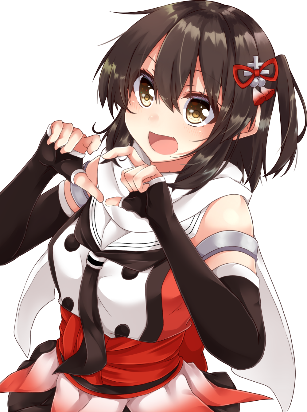 1girl :d armlet bangs bare_shoulders black_gloves black_neckwear blush commentary_request double-breasted elbow_gloves eyebrows_visible_through_hair fingerless_gloves gloves hair_between_eyes hair_ribbon heart heart_hands highres izumo_ayuka jewelry kantai_collection looking_back necklace open_mouth red_ribbon ribbon sash scarf sendai_(kantai_collection) short_hair simple_background sleeveless smile solo tassel two_side_up upper_body white_background white_scarf yellow_eyes