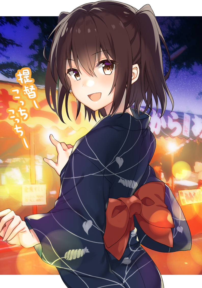 1girl :d blue_kimono blush brown_eyes brown_hair eyebrows_visible_through_hair food_stand from_side japanese_clothes kantai_collection kimono looking_at_viewer night night_sky obi open_mouth sash sendai_(kantai_collection) sky smile solo translation_request two_side_up upper_body yatai yukata yuzuttan