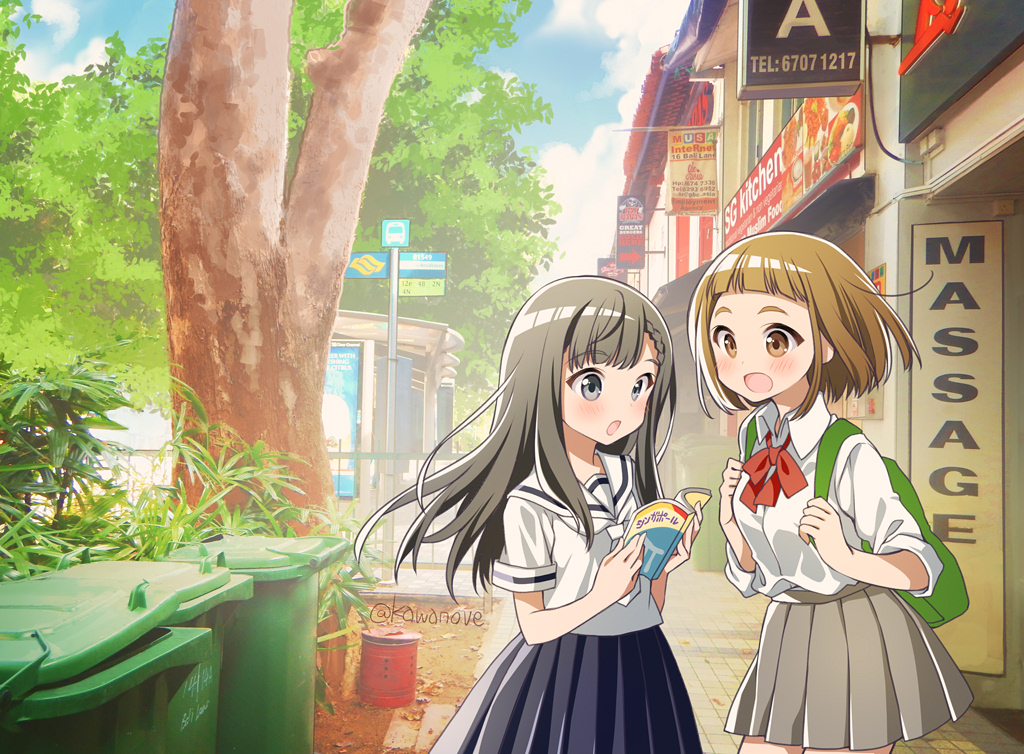 2girls :o artist_name backpack bag bangs black_hair blue_eyes blue_skirt blunt_bangs bow braid brochure brown_eyes brown_hair day grey_skirt kawanobe multiple_girls outdoors red_bow road_sign school_uniform serafuku shiraishi_yuzuki sign skirt sora_yori_mo_tooi_basho standing tamaki_mari trash_can tree uniform