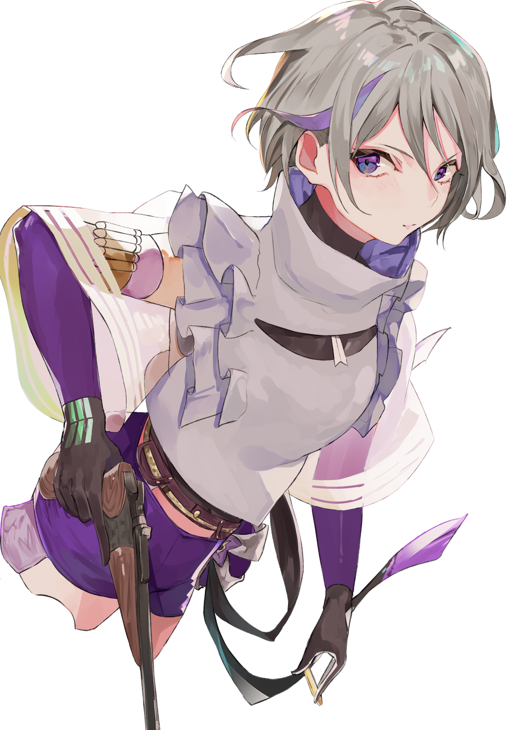 1girl asyde blush bullet closed_mouth contender_(girls_frontline) cropped_legs elbow_gloves frills girls_frontline gloves grey_hair gun handgun highres holding holding_bullet holding_gun holding_weapon lips multicolored multicolored_clothes multicolored_gloves multicolored_hair purple_eyes purple_hair purple_shorts short_hair shorts simple_background solo streaked_hair thompson/center_contender weapon white_background