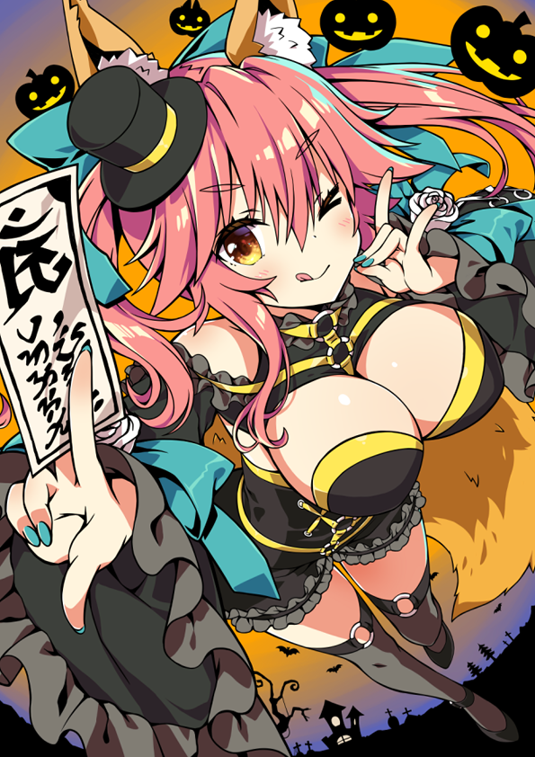 1girl animal_ear_fluff animal_ears bangs bare_shoulders between_fingers black_bra black_headwear black_legwear black_shorts blue_bow blush bow bra breasts cleavage fate/extra fate_(series) fox_ears fox_girl fox_shadow_puppet fox_tail hair_between_eyes hair_bow hat jack-o'-lantern large_breasts licking_lips long_hair long_sleeves looking_at_viewer mini_hat one_eye_closed pink_hair sasorigatame shorts shrug_(clothing) sidelocks smile solo tail talisman tamamo_(fate)_(all) tamamo_no_mae_(fate) thighhighs tongue tongue_out top_hat twintails underwear yellow_eyes