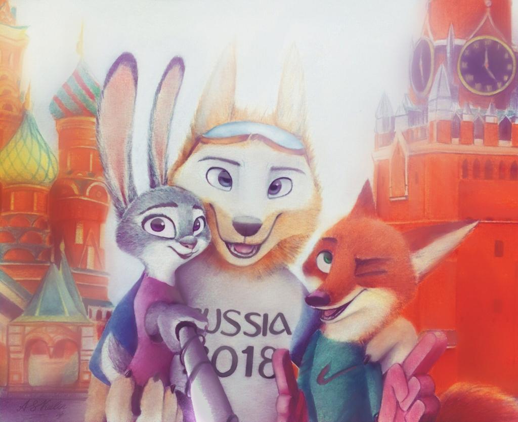 2018 anthro askalin black_nose building canid canine canis carrying clothed clothing disney eyewear fifa fox fur goggles green_eyes grey_body grey_fur group judy_hopps light lighting mammal mascot multicolored_body multicolored_fur nick_wilde one_eye_closed open_mouth open_smile orange_body orange_fur outside pink_nose purple_eyes red_fox shirt smile t-shirt topwear two_tone_body two_tone_fur white_body white_fur wink wolf yellow_body yellow_fur zabivaka zootopia