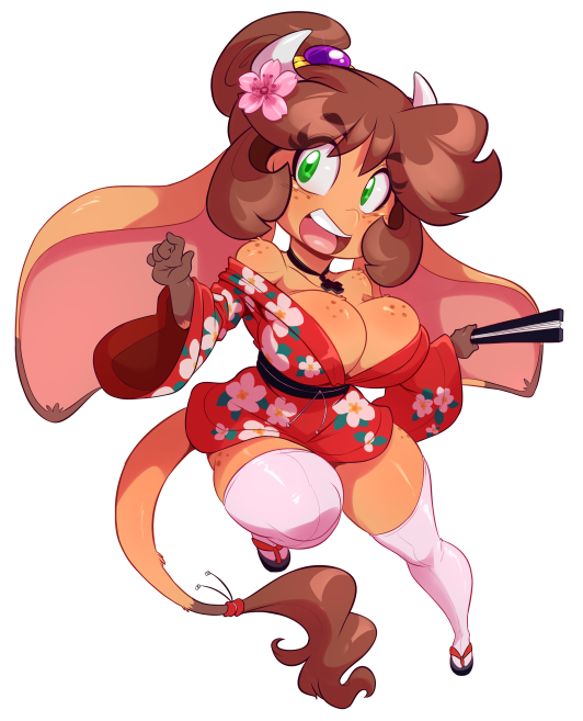 2019 5_fingers alpha_channel anthro asian_clothing big_breasts bovid bovine breasts brown_body brown_fur brown_hair cattle chalo chibi cleavage clothed clothing east_asian_clothing female fingers fur green_eyes hair horn japanese_clothing kimono las_lindas legwear mammal mora_linda open_mouth paper_fan simple_background solo stockings thick_thighs thigh_highs transparent_background webcomic