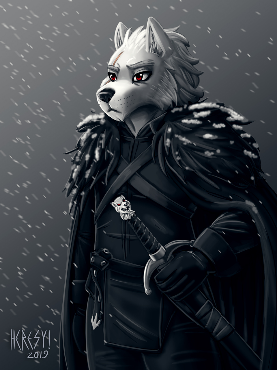 2019 anthro anthrofied armor belt black_nose canid canine canis cape cloak clothing fur game_of_thrones ghost_(game_of_thrones) gloves handwear heresy_(artist) hi_res jon_snow leather mammal melee_weapon outside red_eyes scar simple_background snow solo sword weapon white_body white_fur winter wolf