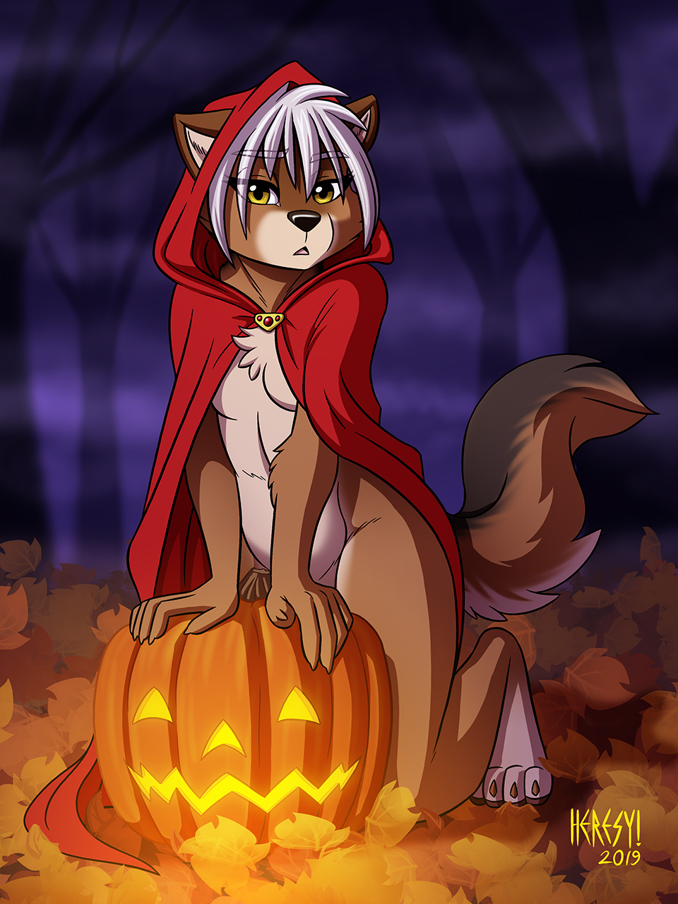 2019 anthro black_nose brooch brown_body brown_fur canid canine canis chest_tuft cloak clothing convenient_censorship coyote digitigrade feet female fog food forest fruit fur hair halloween heresy_(artist) hi_res holidays hood jack-o'-lantern kimber leaf leg_markings little_red_riding_hood little_red_riding_hood_(copyright) looking_at_viewer mammal markings multicolored_body multicolored_fur nude outside partial_nudity paws plant pumpkin socks_(marking) solo tan_body tan_fur tree tuft white_hair yellow_eyes