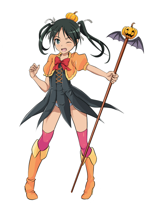 1girl bat_wings blush boots bow bowtie eyebrows_visible_through_hair francesca_lucchini full_body green_eyes green_hair halloween halloween_costume hat jack-o'-lantern knee_boots medium_hair monousa one_eye_closed open_mouth orange_footwear panties pink_legwear pumpkin_hat red_neckwear simple_background smile solo staff standing strike_witches striped striped_panties thighhighs tongue twintails underwear white_background wings world_witches_series