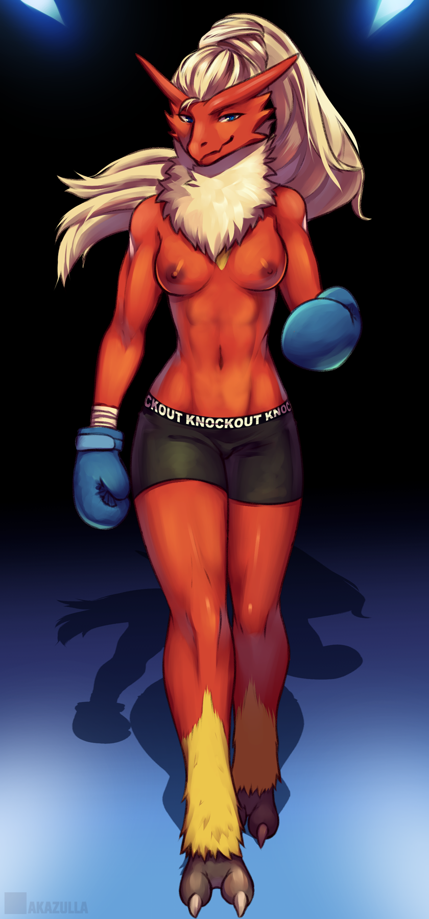 akazulla avian blaziken blonde_hair blue_eyes bottomwear boxing_gloves breasts clothed clothing female fur hair handwear hi_res looking_at_viewer navel nintendo nipples partially_clothed pok&eacute;mon pok&eacute;mon_(species) ponytail red_body red_fur red_nipples shorts smile solo solo_focus talons video_games yellow_body yellow_fur