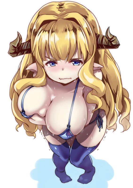 1girl bangs bikini blonde_hair blue_bikini blue_eyes blue_legwear blush breast_hold breasts closed_mouth draph foreshortening from_above full_body granblue_fantasy half_updo horns knees_together_feet_apart large_breasts long_hair looking_at_viewer looking_up muneshiro_(hitsuji_kikaku) pointy_ears rastina scowl standing sweat swimsuit thighhighs trembling very_long_hair wavy_hair