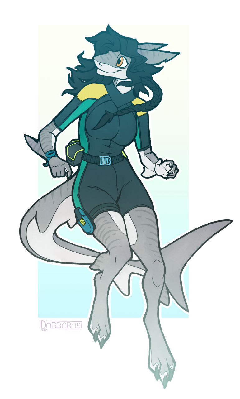 3_toes anthro black_hair brains breasts claws darbaras digitigrade female fin fish hair hi_res marine orange_eyes shark smile solo striped_body striped_skin stripes toe_claws toes wetsuit