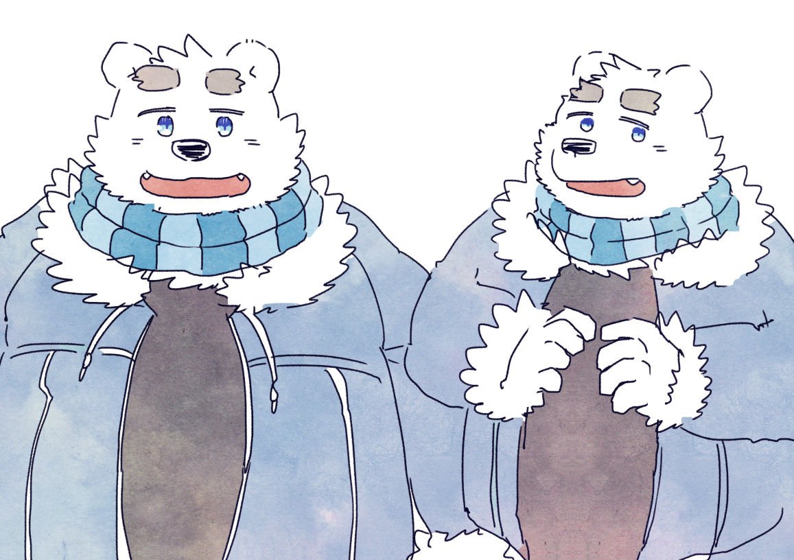 2019 anthro argent_cookie black_nose clothing fur humanoid_hands male mammal overweight overweight_male polar_bear scarf shirane_kan shirt simple_background solo topwear ursid ursine utau white_background white_body white_fur