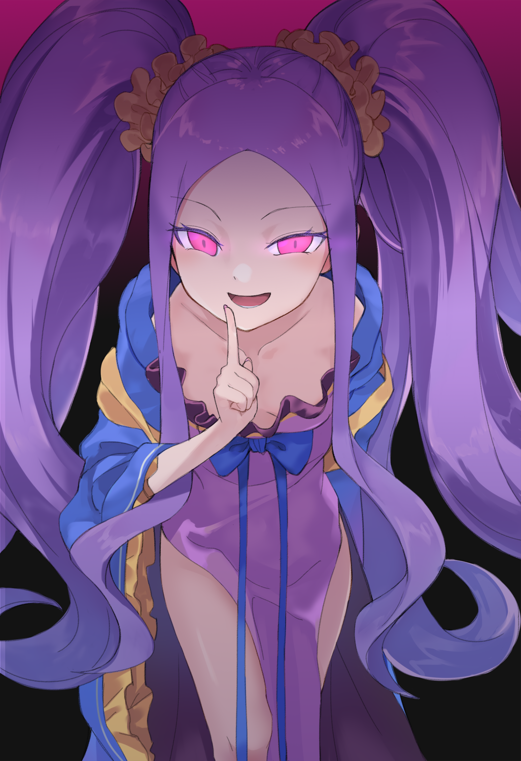 1girl bangs bare_shoulders blush breasts chinese_clothes collarbone dress fate/grand_order fate_(series) forehead glowing glowing_eyes gradient gradient_background hair_ornament hair_scrunchie hanfu highres index_finger_raised leaning_forward long_hair looking_at_viewer open_mouth parted_bangs pelvic_curtain purple_dress purple_hair sash scrunchie shaded_face sidelocks small_breasts smile solo thighs twintails usuaji very_long_hair wu_zetian_(fate/grand_order) yellow_scrunchie