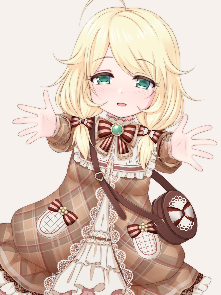 1girl :d ahoge bag bangs blonde_hair blush bow brooch brown_background brown_dress commentary_request dress dutch_angle eyebrows_visible_through_hair green_eyes hair_bow idolmaster idolmaster_cinderella_girls jewelry long_hair looking_at_viewer open_mouth outstretched_arms plaid plaid_dress shoulder_bag simple_background smile solo striped striped_bow u2_(5798239) yusa_kozue
