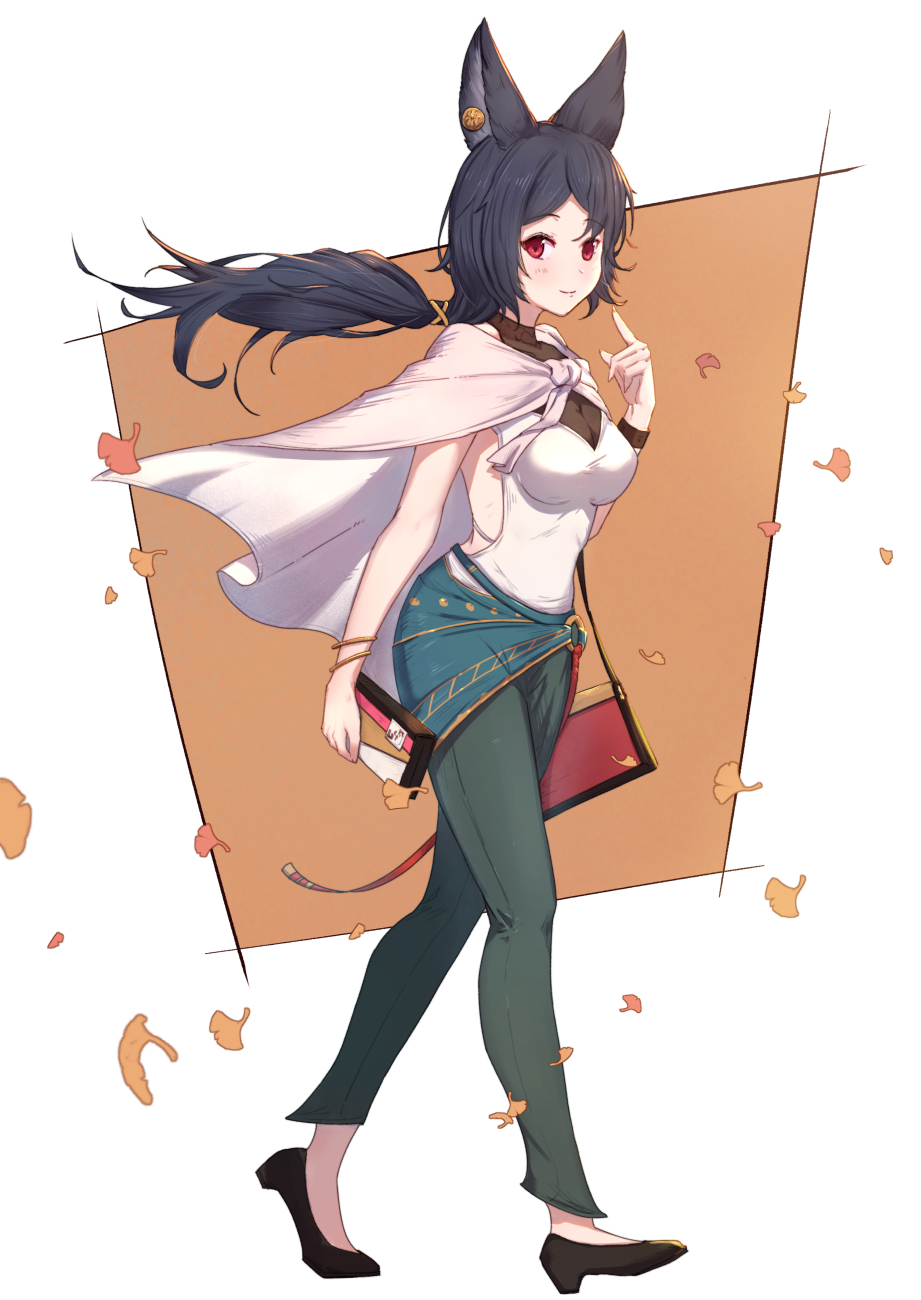 1girl animal_ears bag bangle bangs black_footwear black_hair blush bracelet breasts cape closed_mouth commentary_request denim erune eyebrows_visible_through_hair full_body ginkgo_leaf granblue_fantasy green_pants high_heels highres holding ilsa_(granblue_fantasy) jeans jewelry long_hair low_ponytail medium_breasts pants parted_bangs ponytail red_eyes shirt shoes shoulder_bag smile solo uneg white_cape white_shirt