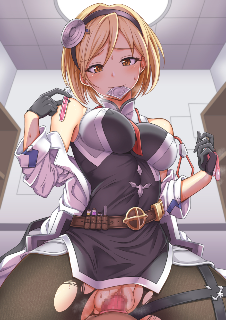 1girl assertive bangs bare_shoulders belt between_breasts black_dress black_gloves black_hairband black_legwear blonde_hair blush breasts brown_eyes censored clothed_sex condom condom_in_mouth condom_on_penis condom_wrapper covered_nipples cowgirl_position djeeta_(granblue_fantasy) djeeta_(granblue_fantasy)_(doctor) doctor_(granblue_fantasy) dress girl_on_top gloves granblue_fantasy hairband happy_sex heart heart-shaped_pupils hetero highres holding holding_condom impossible_clothes indoors labcoat large_breasts long_sleeves looking_at_viewer loose_belt mosaic_censoring mouth_hold necktie necktie_between_breasts pantyhose penis pov pussy red_neckwear sex short_dress short_hair sleeveless sleeveless_dress smile solo_focus spread_legs stethoscope straddling sweat symbol-shaped_pupils test_tube thigh_strap torn_clothes torn_legwear used_condom utility_belt vaginal yasojima_nejiro