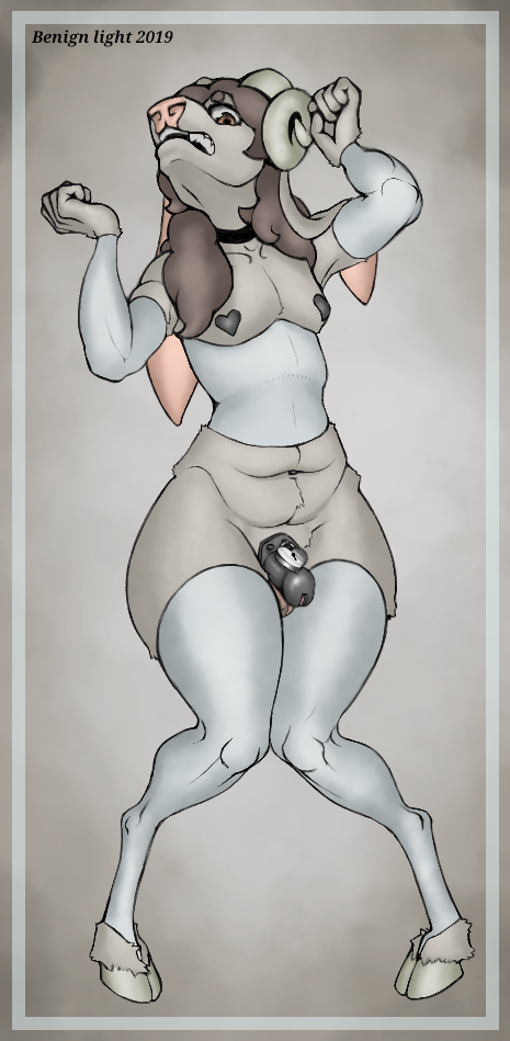2019 benign_light bovid caprine chastity_cage chastity_device clothing corset girly hooves horn legwear lingerie long_ears male mammal navel nipple_tape pasties sheep simple_background slightly_chubby solo tape thick_thighs thigh_highs wide_hips