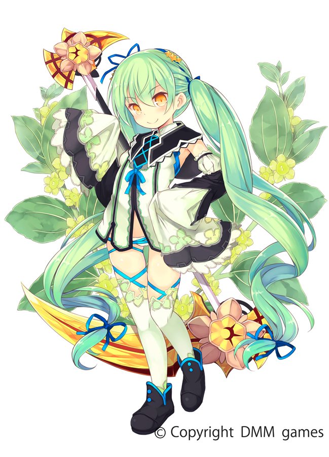&gt;:) 1girl bangs black_footwear blue_ribbon blush boots brown_eyes character_request closed_mouth commentary_request detached_sleeves eyebrows_visible_through_hair flower_knight_girl full_body green_flower green_hair green_shirt hair_between_eyes hair_ornament hair_ribbon juliet_sleeves kurasuke long_hair long_sleeves object_namesake official_art panties puffy_sleeves ribbon scythe shirt sleeveless sleeveless_shirt sleeves_past_fingers sleeves_past_wrists smile solo standing standing_on_one_leg star star_hair_ornament thighhighs thighhighs_under_boots twintails underwear v-shaped_eyebrows very_long_hair weapon weapon_on_back white_background white_legwear white_panties white_sleeves wide_sleeves