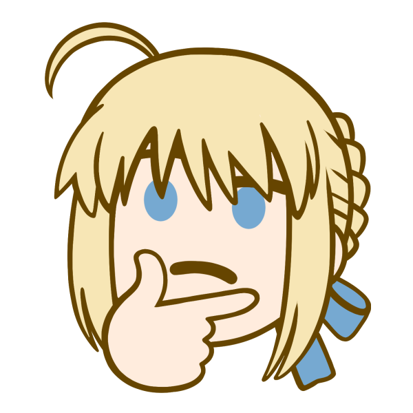 1girl ahoge artoria_pendragon_(all) blonde_hair blue_eyes emoji emoticon fate/grand_order fate/stay_night fate_(series) frown hair_ribbon hand_on_own_chin meme ribbon saber short_hair thinking thinking_emoji tsukumo