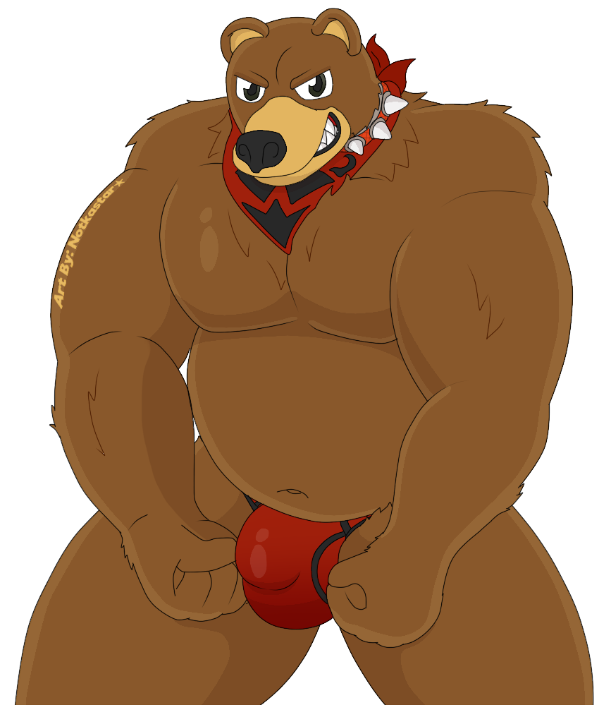 2019 alpha_channel anthro bandanna biceps briefs bulge clothed clothing collar digital_media_(artwork) english_text flexing fluffy fur kuma_(tekken) male mammal muscular muscular_male notkastar signature simple_background slightly_chubby smile solo spikes tekken text transparent_background underwear ursid video_games