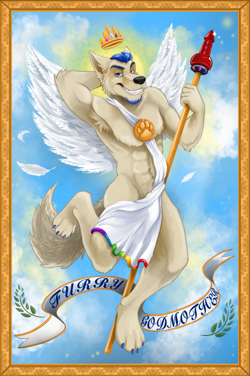 anthro armpit_hair body_hair canid canine canis crown facial_hair feathered_wings feathers fur goatee grin hair hi_res jackaloo looking_at_viewer male mammal penis simple_background smile smirk solo wings