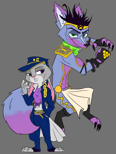 anthro canid canine claws clothed clothing cosplay crossover crossover_cosplay disney duo female fingerless_gloves fox fully_clothed gloves green_eyes grey_background hand_in_pocket handwear hat headgear headwear jojo's_bizarre_adventure jotaro_kujo judy_hopps lagomorph leporid male mammal midriff nick_wilde pink_nose pockets purple_eyes rabbit simple_background star_platinum theblueberrycarrots toe_claws toeless_legwear topless zootopia