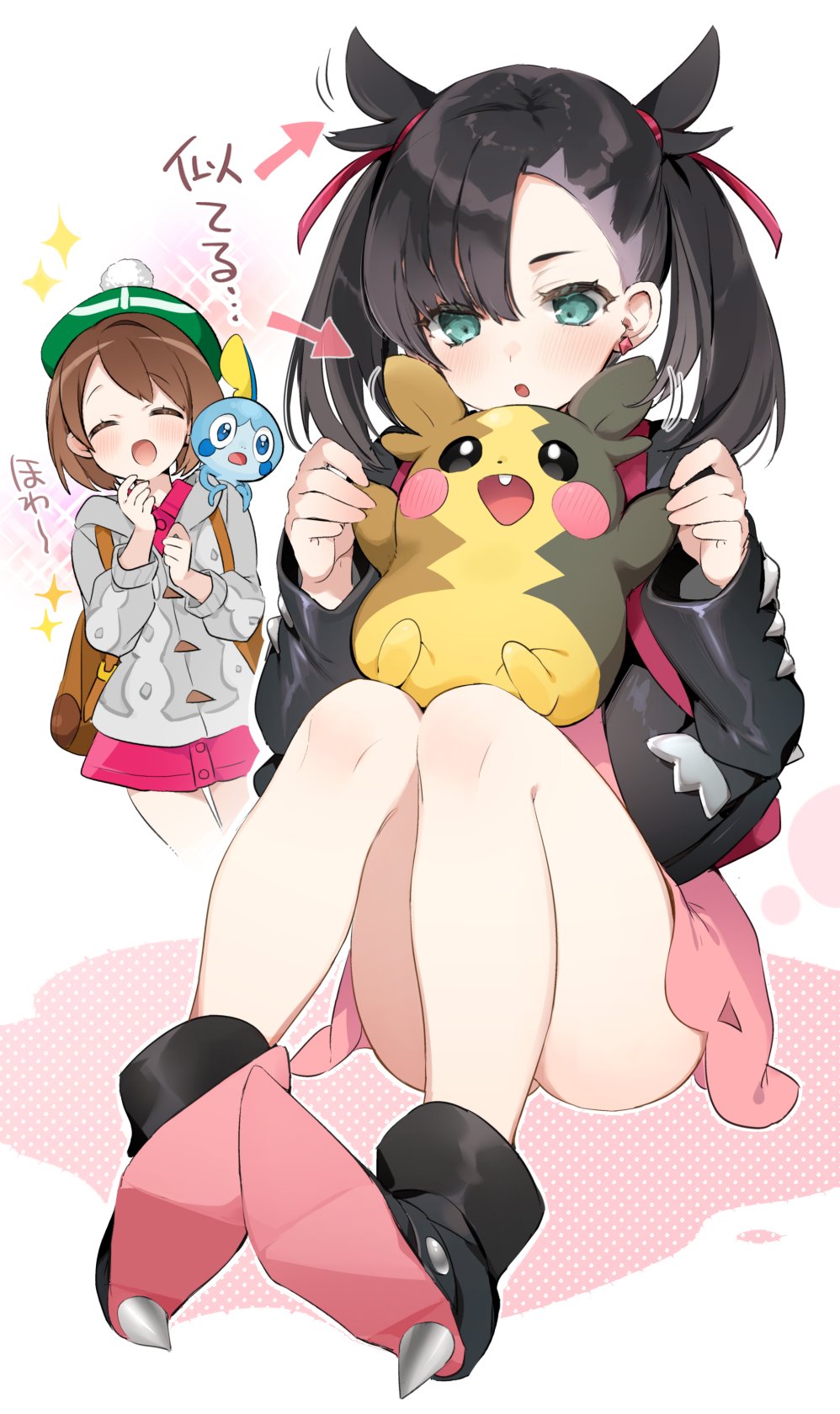 2girls :d :o ^_^ ankle_boots aqua_eyes asymmetrical_bangs backpack bag bangs bare_legs black_footwear black_jacket blush boots brown_hair closed_eyes commentary_request creature_on_shoulder dress ear_wiggle earrings eyebrows_visible_through_hair fang full_body gen_8_pokemon green_headwear grey_coat hair_ribbon hair_wagging high_heel_boots high_heels highres jacket jewelry knees_up long_hair long_sleeves mary_(pokemon) morpeko motion_lines multiple_girls open_clothes open_jacket open_mouth pink_dress playing pokemon pokemon_(creature) pokemon_(game) pokemon_swsh polka_dot red_ribbon ribbon short_dress short_hair sino_(sionori) sitting smile sobble sparkle tam_o'_shanter translation_request twintails white_background yuuri_(pokemon)