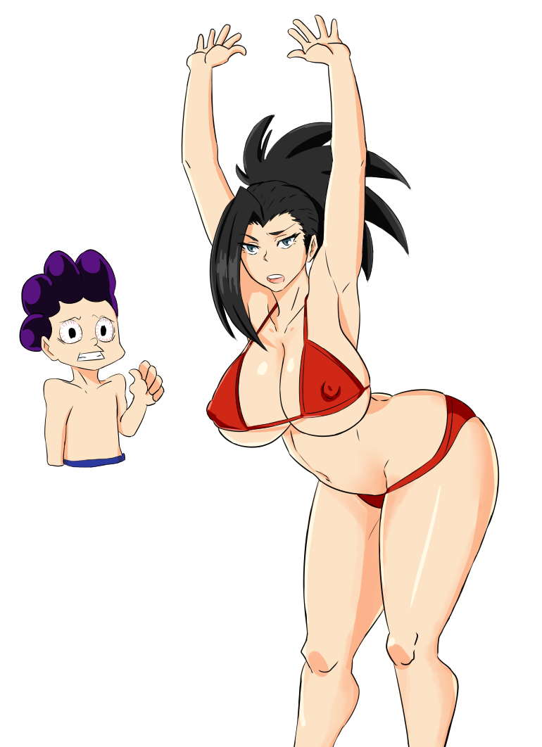 1boy 1girl arms_up bare_shoulders bikini black_eyes black_hair blue_eyes boku_no_hero_academia breasts duo_kawa large_breasts looking_at_viewer mineta_minoru open_mouth purple_hair red_bikini shiny shiny_skin simple_background swimsuit white_background yaoyorozu_momo