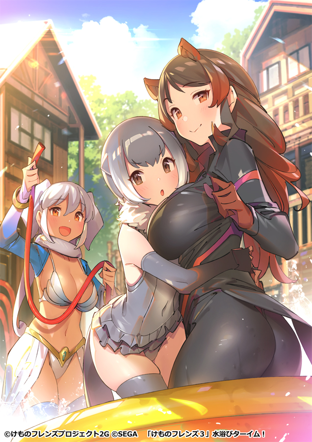 3girls :d animal_ears arm_around_waist ass bangs bikini breasts brown_eyes brown_hair cleavage closed_mouth company_name copyright covered_navel dark_skin day detached_sleeves elbow_gloves elephant_ears elephant_tail extra_ears eyebrows_visible_through_hair fur_collar gloves grey_gloves grey_hair grey_swimsuit hippopotamus_(kemono_friends) hippopotamus_ears holding_hose hose hug indian_elephant_(kemono_friends) jacket kemono_friends long_hair long_sleeves looking_at_another medium_breasts medium_hair multicolored_hair multiple_girls navel official_art one-piece_swimsuit open_mouth otter_ears otter_tail outdoors pants pop_kyun red_hair scarf sidelocks small-clawed_otter_(kemono_friends) smile splashing standing stomach swimsuit tail thighhighs two-tone_hair v-shaped_eyebrows wading_pool water wet wet_clothes white_hair