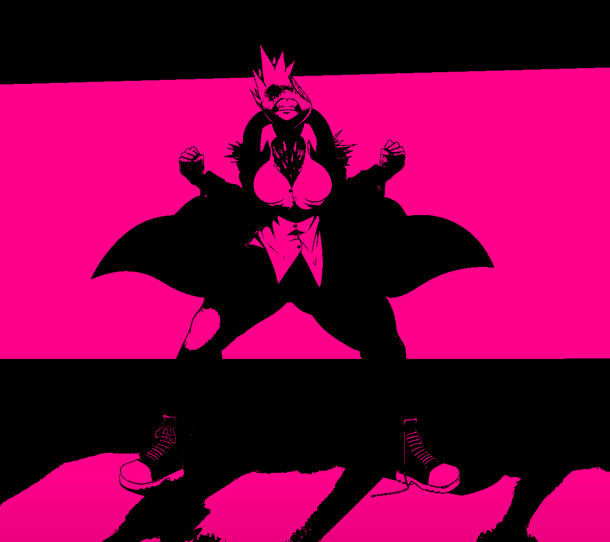 2019 angry big_breasts boots breasts clothed clothing damage digital_media_(artwork) female footwear humanoid invalid_tag jacket not_furry shirt solo spikes standing standing_tough teeth topwear