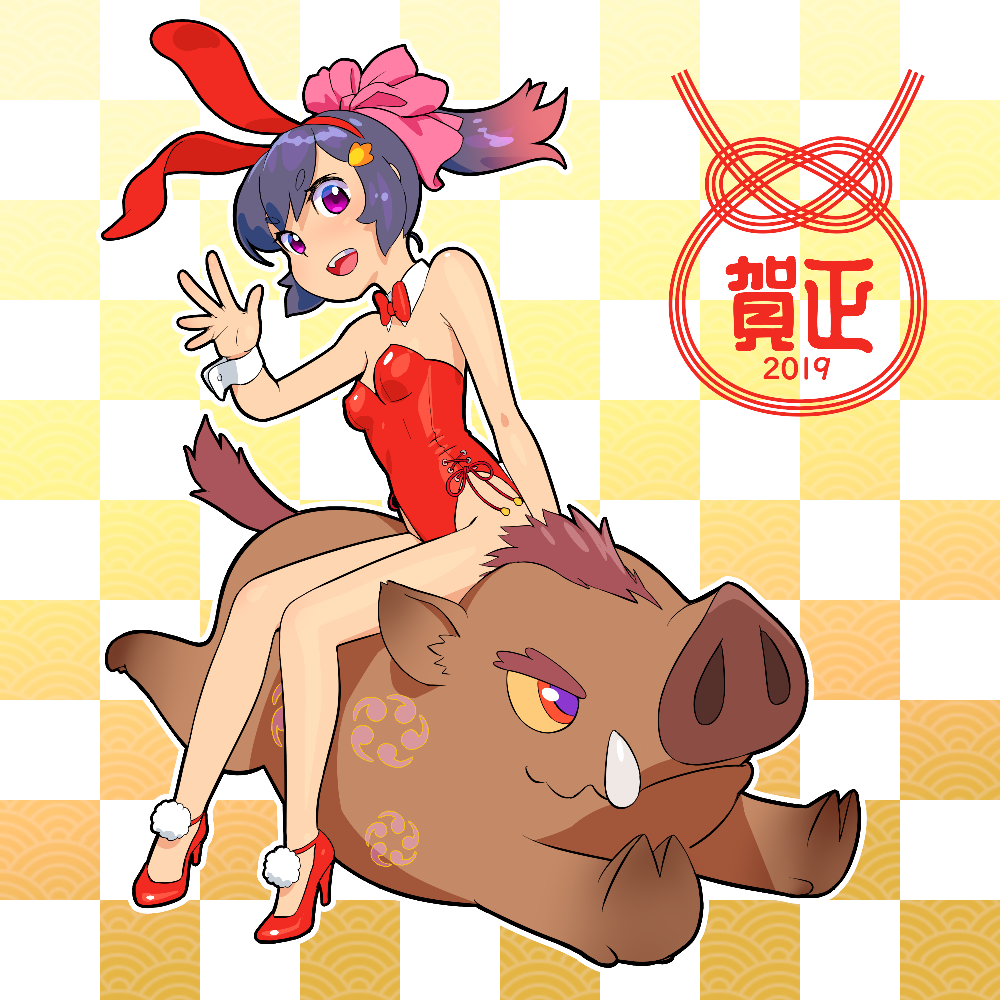 1girl 2019 animal_ears black_hair boar bow bowtie bunny_ears bunny_girl bunny_tail bunnysuit checkered checkered_background chinese_zodiac commentary_request detached_collar fukusuke_hachi-gou full_body gradient_hair high_heels leotard multicolored_hair nengajou new_year original pom_pom_(clothes) ponytail red_footwear red_hair red_leotard red_neckwear ribbon riding solo strapless strapless_leotard tail waving wrist_cuffs year_of_the_pig
