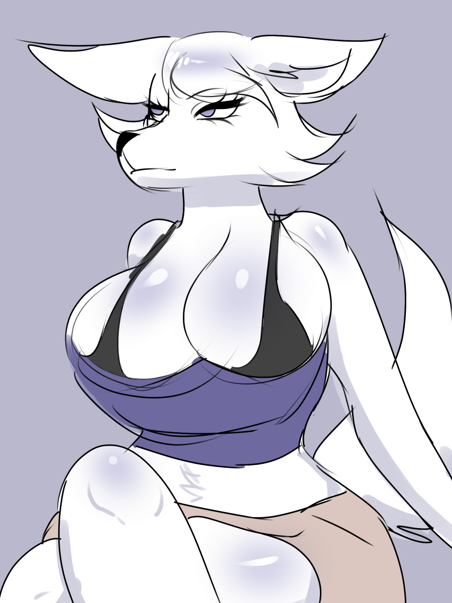 2019 animal_crossing anthro arctic_wolf big_breasts blue_eyes bra bra_straps breasts canid canine canis clothed clothing crossed_legs female fur hair hi_res mammal napdust nintendo shirt solo tank_top topwear underwear video_games white_body white_fur whitney_(animal_crossing) wolf