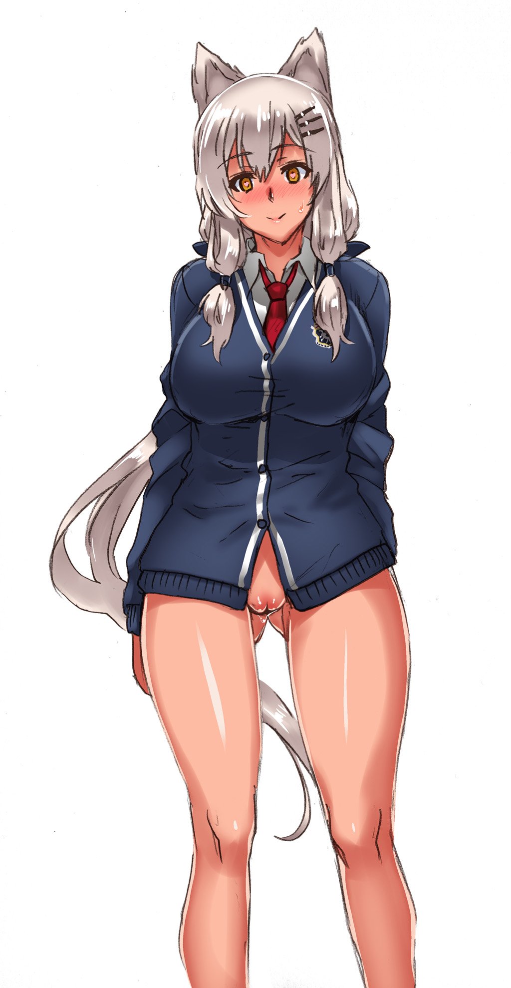 1girl animal_ears ass_visible_through_thighs bangs bottomless breasts byeontae_jagga cardigan cleavage dark_skin eyebrows_visible_through_hair girls_frontline hair_ornament hairclip heart heart-shaped_pupils highres long_hair looking_at_viewer m590_(girls_frontline) necktie pussy pussy_juice school_uniform sidelocks silver_hair simple_background smile solo sweatdrop symbol-shaped_pupils very_long_hair white_background yellow_eyes