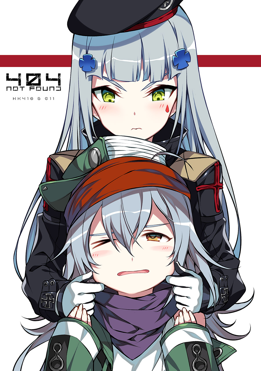 2girls 404_logo_(girls_frontline) ;d beret blush brown_eyes character_name cheek_pinching facepaint girls_frontline gloves green_eyes hair_ornament hairclip hat highres hk416_(girls_frontline) iron_cross looking_at_another looking_down looking_up messy_hair military_jacket multiple_girls one_eye_closed open_mouth pinching purple_scarf ress scarf silver_hair smile teardrop upper_body very_long_sleeves