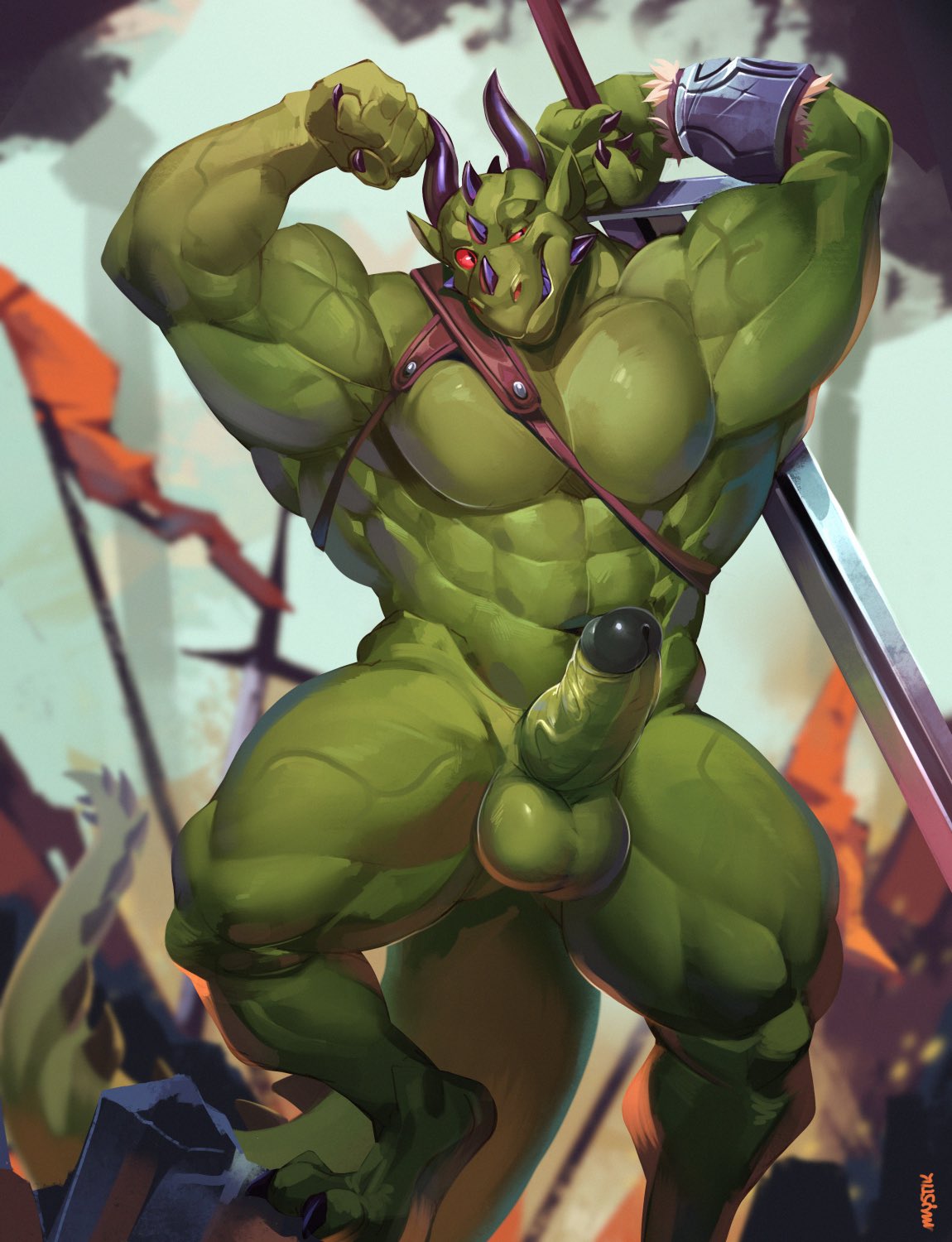 2019 5_fingers abs anthro armband balls biceps big_balls big_biceps big_muscles black_claws black_glans claws digital_media_(artwork) dragon erection fingers fist flag flexing glans green_balls green_body green_penis hi_res holding_object holding_sword holding_weapon horn huge_muscles humanoid_penis male melee_weapon muscular muscular_male mystikfox61 navel nude outside pecs penis red_sclera reptile scalie sharp_claws slit_pupils smile smirk solo standing step_pose sword teeth triceps varanis_blackclaw vein veiny_penis weapon