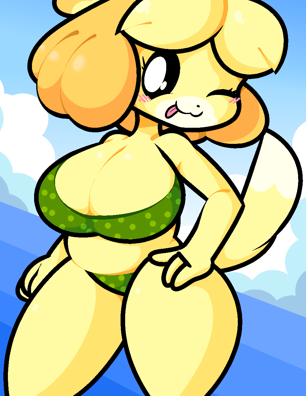 animal_crossing anthro big_breasts bikini blush breasts canid canine canis clothed clothing cloud domestic_dog hi_res isabelle_(animal_crossing) mammal nintendo shih_tzu smartaldebaran solo swimwear thick_thighs tongue tongue_out toy_dog video_games water