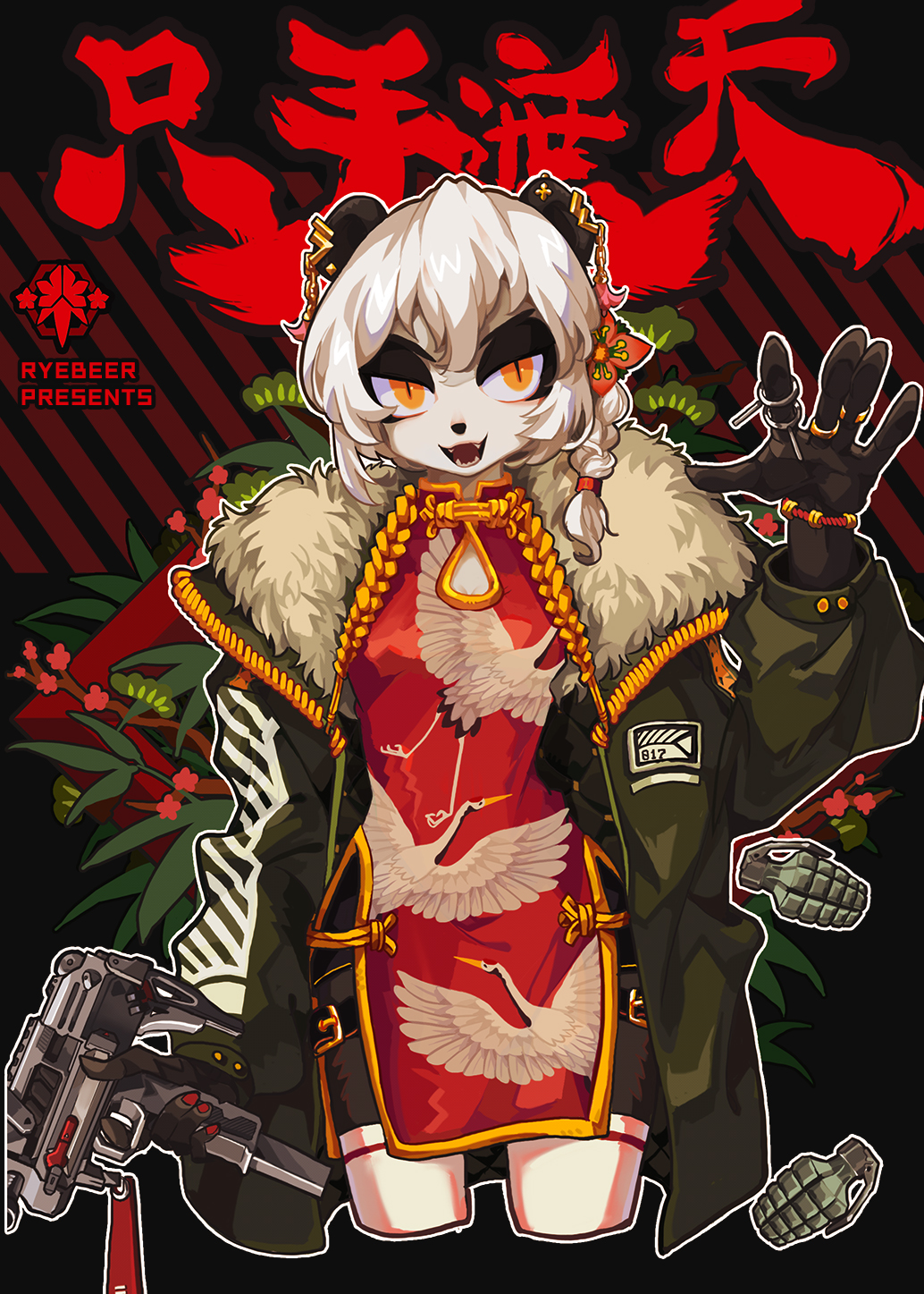 anthro asian_clothing bad_trigger_discipline bracelet chinese_clothing chinese_dress chinese_text clothed clothing coat dress ear_piercing east_asian_clothing english_text explosives fangs female fully_clothed giant_panda grenade gun hair hi_res holding_gun holding_object holding_weapon jewelry mammal orange_eyes piercing portrait ranged_weapon ring rye-beer solo submachine_gun text three-quarter_portrait topwear ursid uzi weapon white_hair