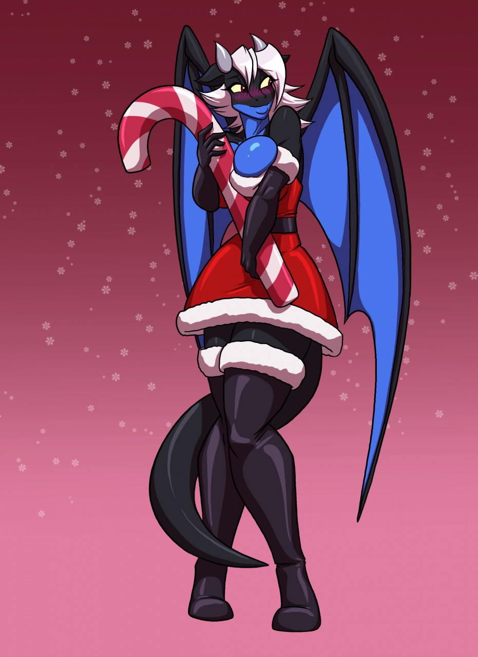 2019 armwear bashful blue_body blue_scales blush breasts candy candy_cane christmas cleavage clothed clothing dragon elbow_gloves food gloves handwear hi_res holidays horn legwear membrane_(anatomy) membranous_wings red_eyes savannah_the_dragon scales solo thick_thighs thigh_highs toughset wings