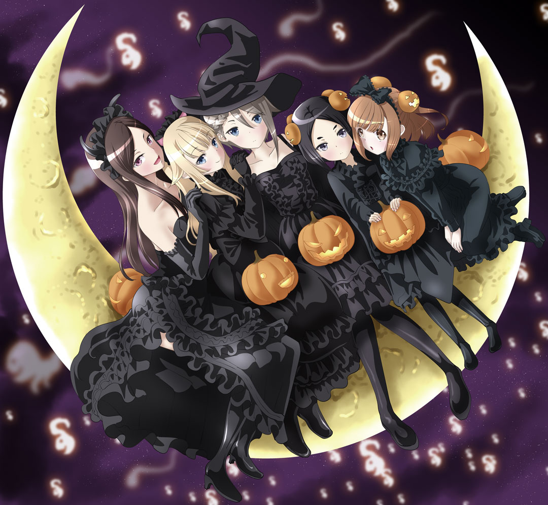 5girls ange_(princess_principal) bangs bare_shoulders beatrice_(princess_principal) black_bow black_dress black_footwear black_hairband black_headwear black_legwear blonde_hair blue_eyes bow braid brown_eyes brown_hair crescent_moon dorothy_(princess_principal) dress elbow_gloves food_themed_hair_ornament frilled_dress frills gloves hair_between_eyes hair_bow hair_ornament hairband halloween hat jack-o'-lantern long_hair long_sleeves looking_at_viewer moon multiple_girls night night_sky pantyhose parted_bangs princess_(princess_principal) princess_principal pumpkin_hair_ornament purple_eyes short_hair silver_hair sitting sky taniguchi_gou toudou_chise witch_hat