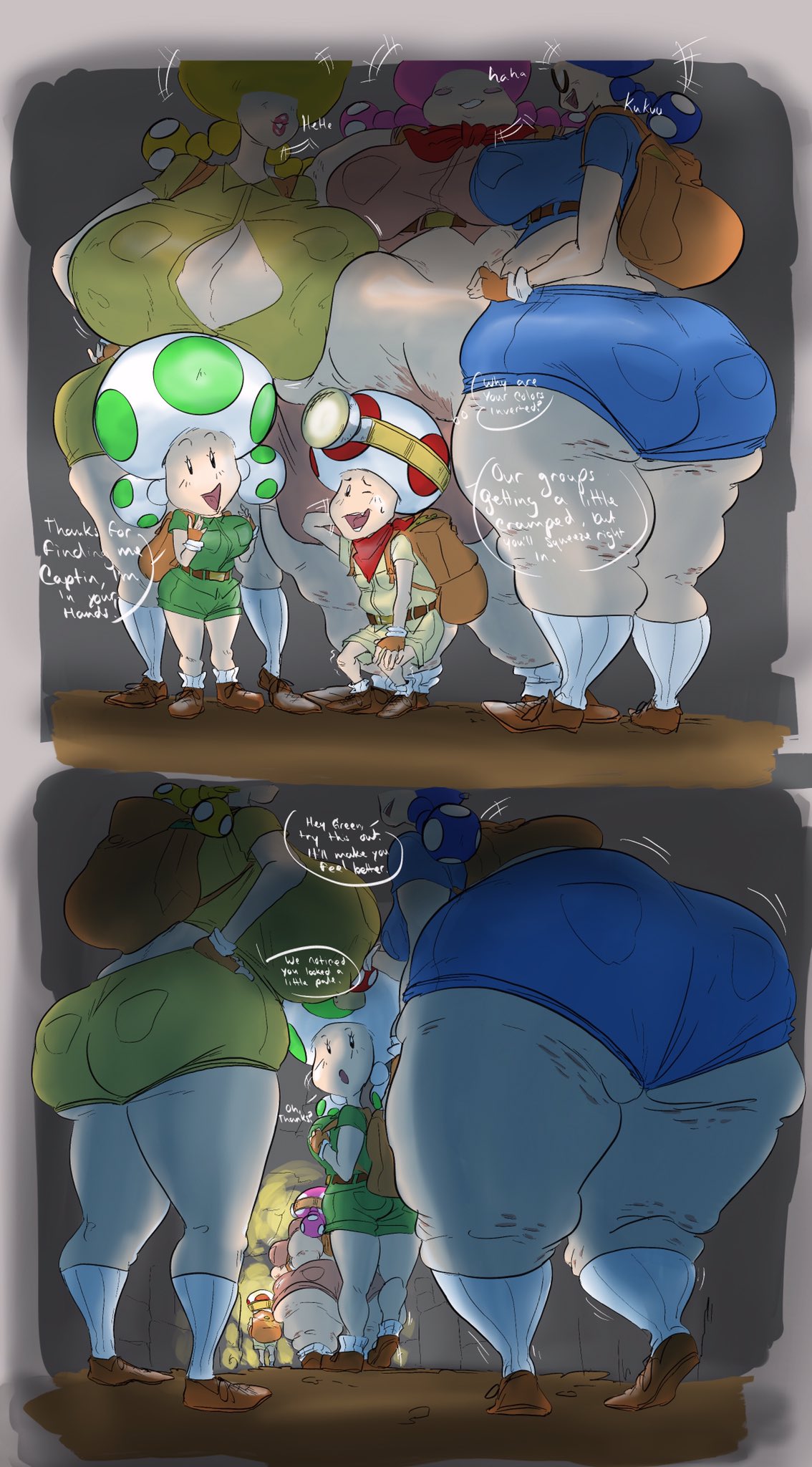 2019 backpack bandanna belly belt big_belly big_breasts big_butt blue_toad blush bodily_fluids bottomwear breast_squish breasts butt captain_toad cleavage clothed clothing cramped dialogue english_text eyewear female fungi_fauna fungus glasses green_toad group headlamp hi_res huge_breasts huge_butt humanoid larger_female laugh legwear male mario_bros mushroom nintendo not_furry obese obese_female open_mouth overweight overweight_female rchammer size_difference smaller_female smaller_male smile socks squish text thick_thighs toad_(mario) toadette topwear video_games wide_hips yellow_toad