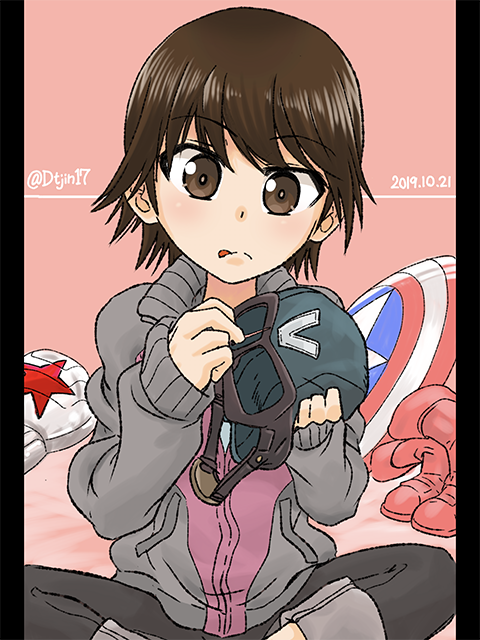 1girl :q bangs blue_headwear boots brown_eyes brown_hair captain_america captain_america_(cosplay) closed_mouth commentary cosplay dated eyebrows_visible_through_hair frown girls_und_panzer goggles goggles_on_headwear grey_jacket hat helmet holding holding_hat ichinana_(dametetujin17) indian_style isobe_noriko jacket looking_at_viewer marvel pants pillarboxed red_footwear shield short_hair sitting solo tongue tongue_out track_jacket track_pants track_suit twitter_username