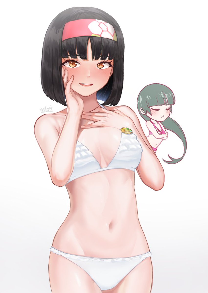 2girls badge bikini black_hair blush breasts brown_eyes crossed_arms erika_(pokemon) gym_leader gym_leader_badge hairband hand_on_own_chest highres long_hair medium_breasts multiple_girls natsume_(pokemon) navel notori_d pokemon pokemon_(game) pokemon_lgpe rainbow_badge signature swimsuit white_bikini